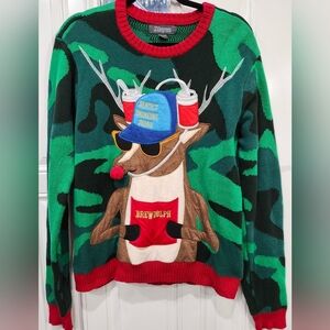 33 Degrees green camo Brewdolph ugly Christmas sweater men's size Large